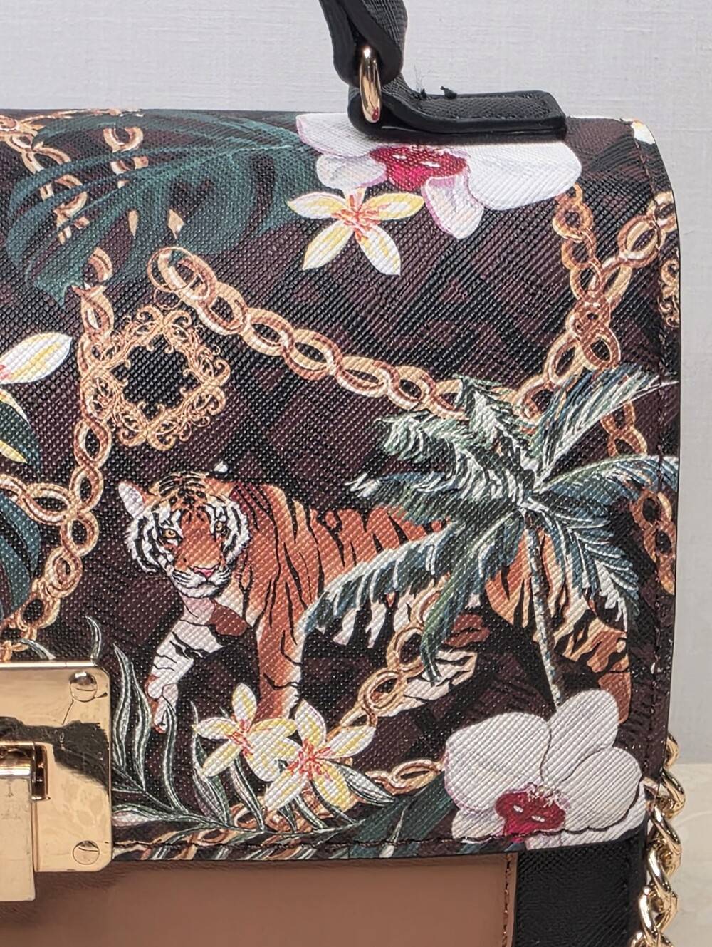 ALDO Tropical Tiger Floral Chain Print Top Handle Crossbody Satchel Bag - Picture 3 of 12